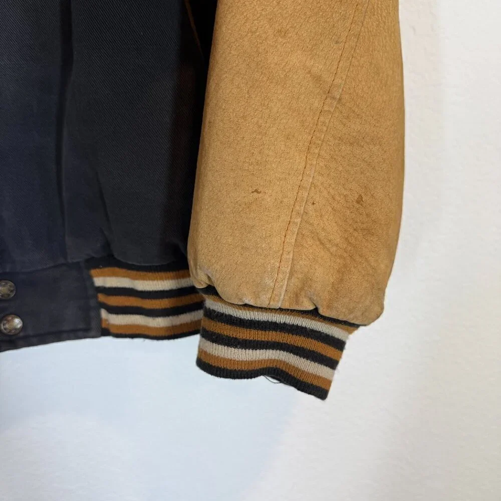 Vintage Varsity Suede Canvas Bomber Large 80s Black Brown Embroidered Jacket - Picture 7 of 10